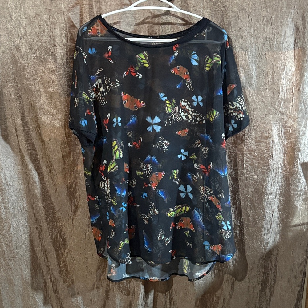 Floral Butterfly Print Sheer Black Top